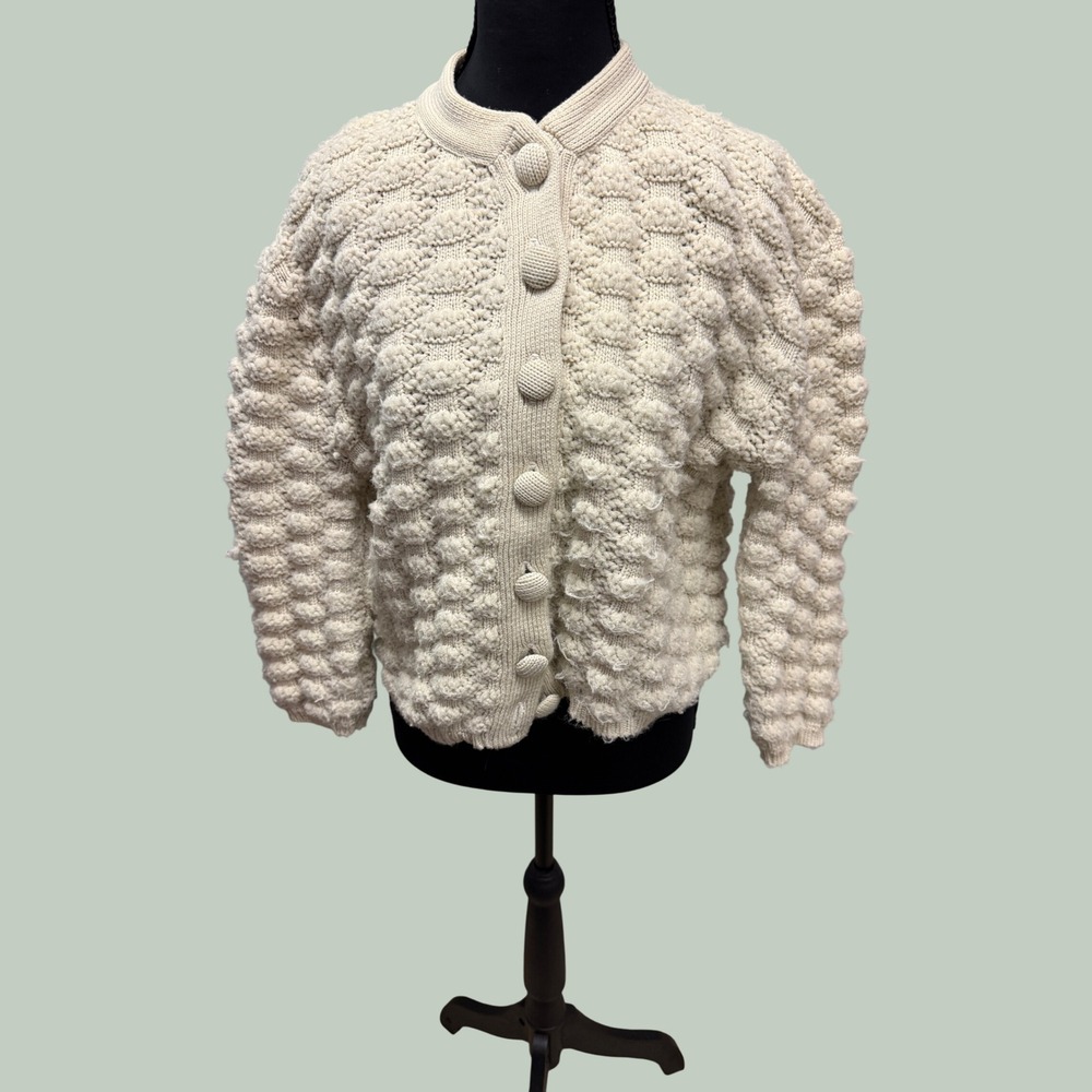 Vintage 60s Rosanna Popcorn Knit Cardigan Ivory Cream Antron Nylon Sweater MCM